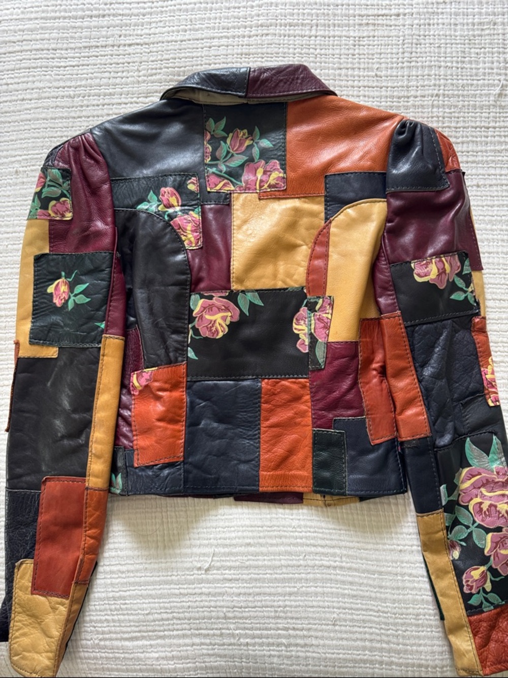 Patchwork Floral Leather Cropped Jacket in Multi-Color - Picture 3 of 9
